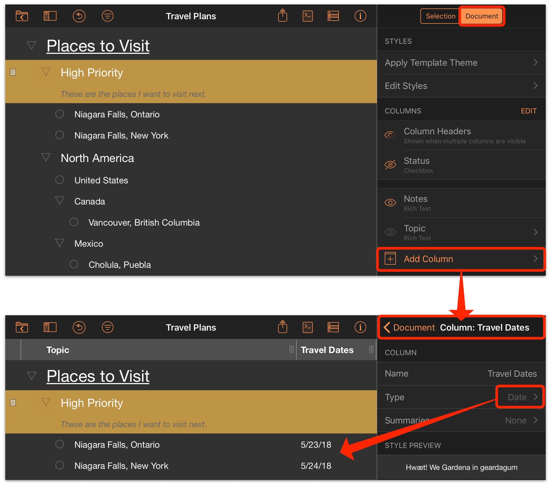 Adding a column to the outline using the Document inspector.
