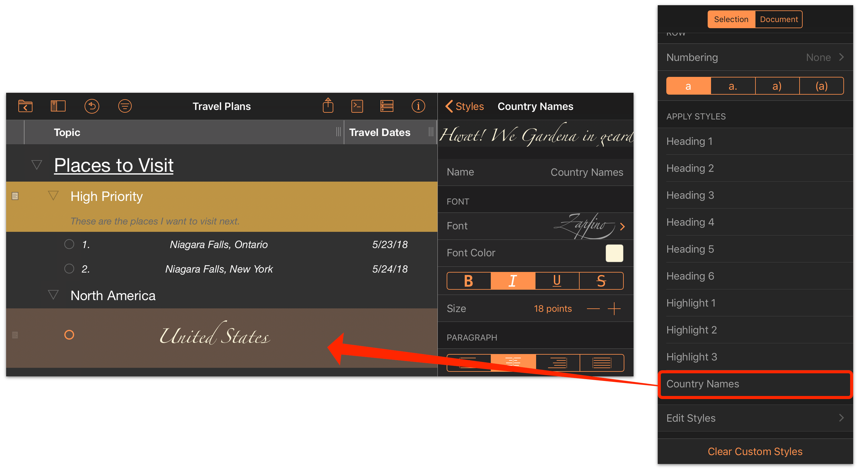 Editing a new named style, saved as Country Names, and applying it to a row selection by tapping it in the Selection inspector.