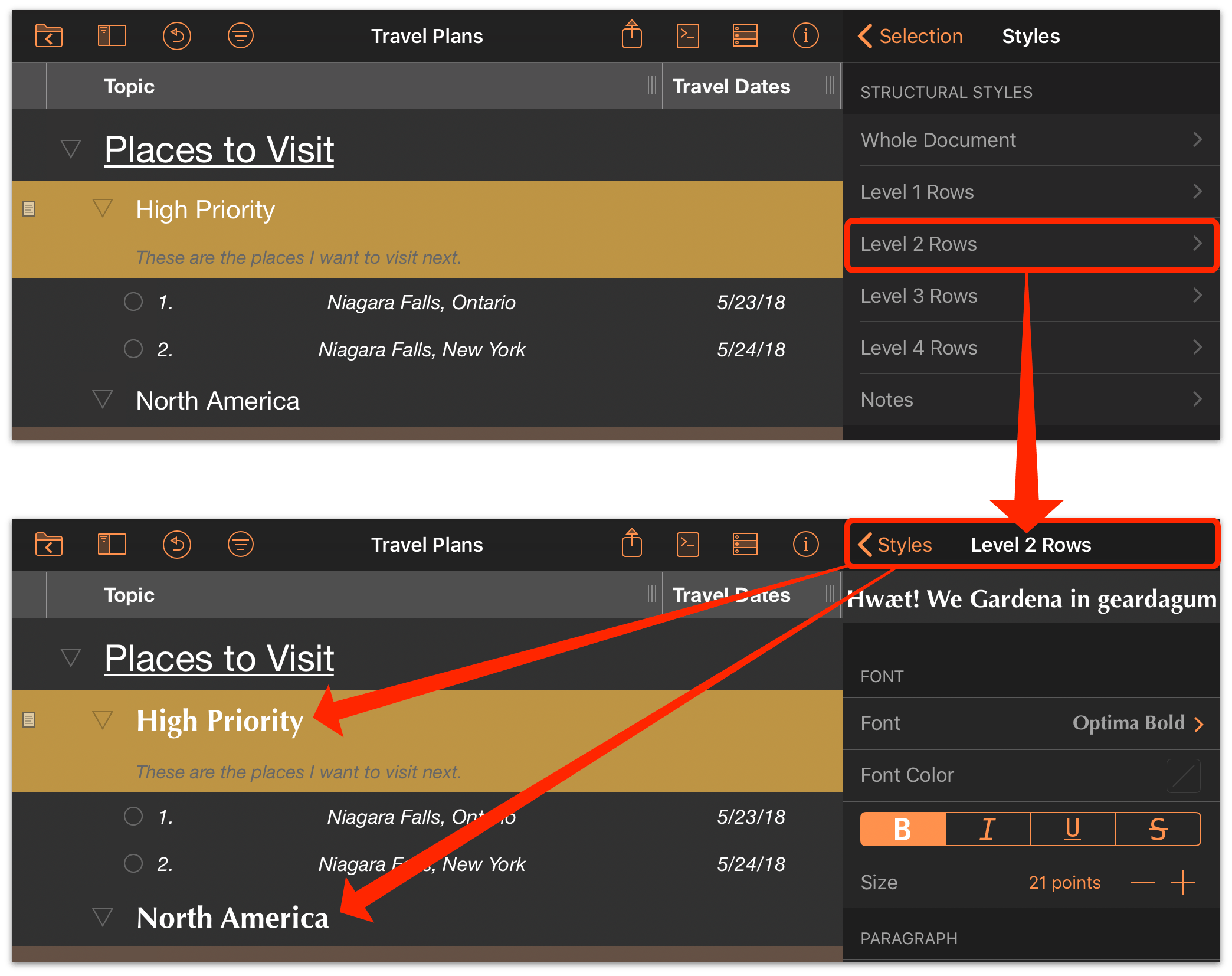 Editing structural styles using the selection inspector's styles section.