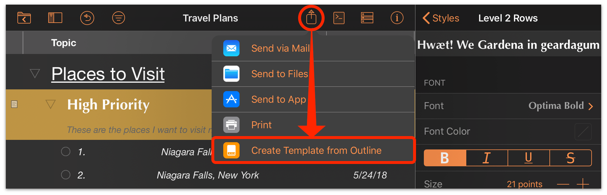 Choosing Create Template from Outline from the Share button menu.