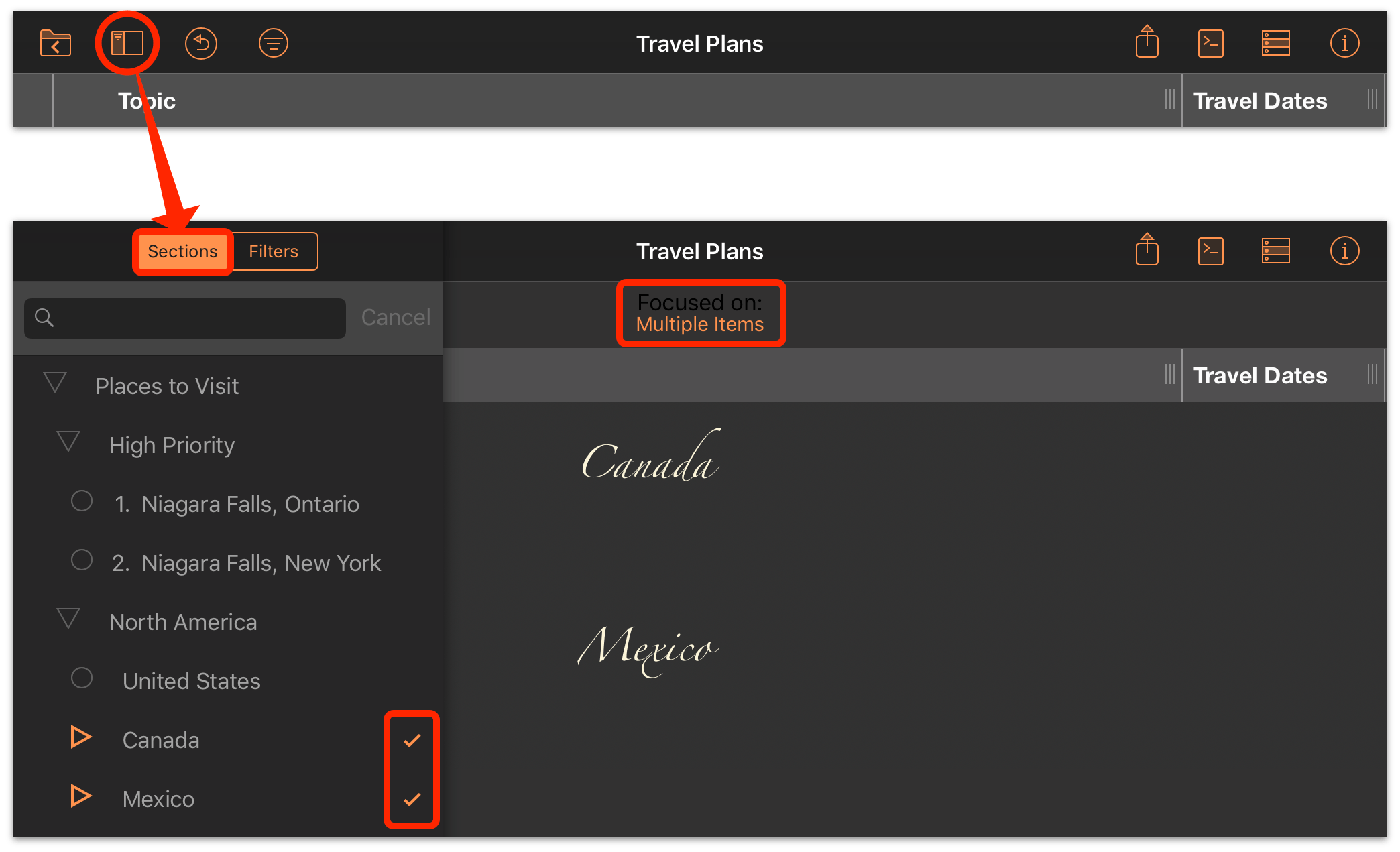 Using the sidebar's Sections list to focus on multiple items in the outline.