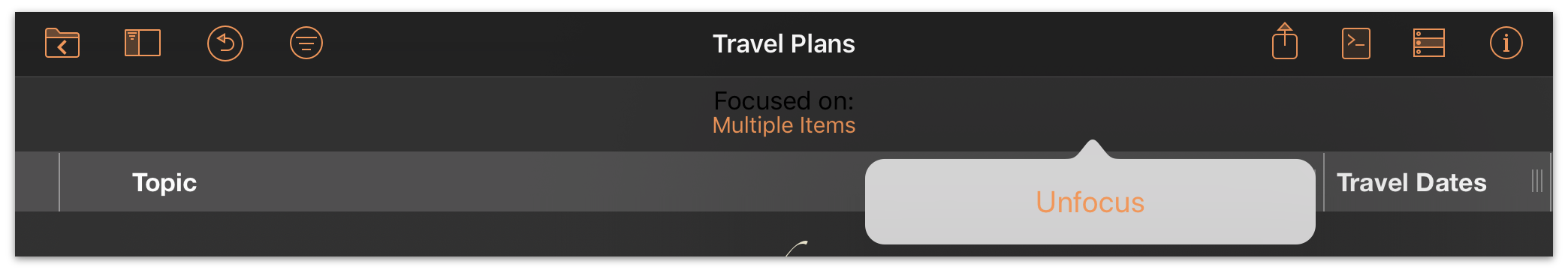 Tapping the notice bar to reveal the Unfocus button.
