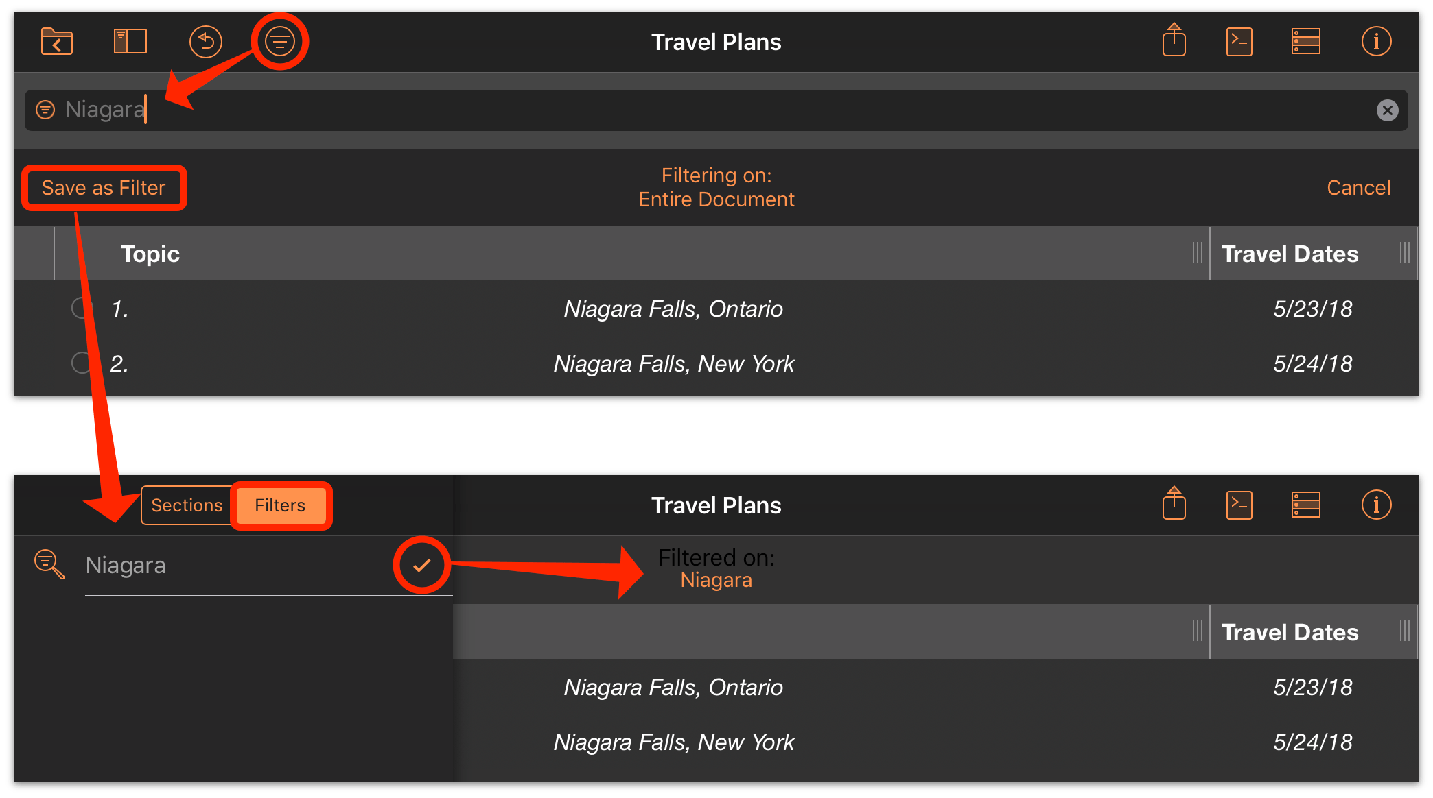 Using the Search field to save a filter, then applying it from the Filters list in the sidebar.