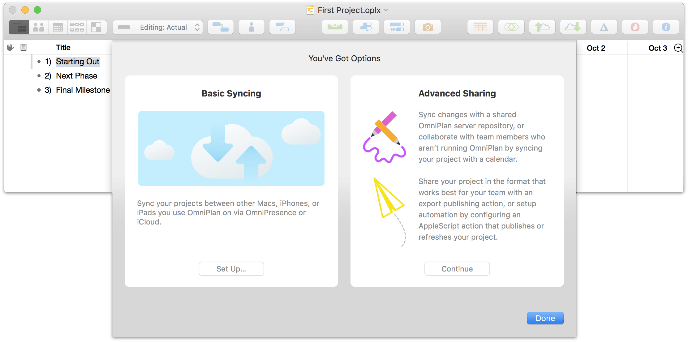 Setting up sharing options for a project in OmniPlan 3.10 for Mac, Step 1.
