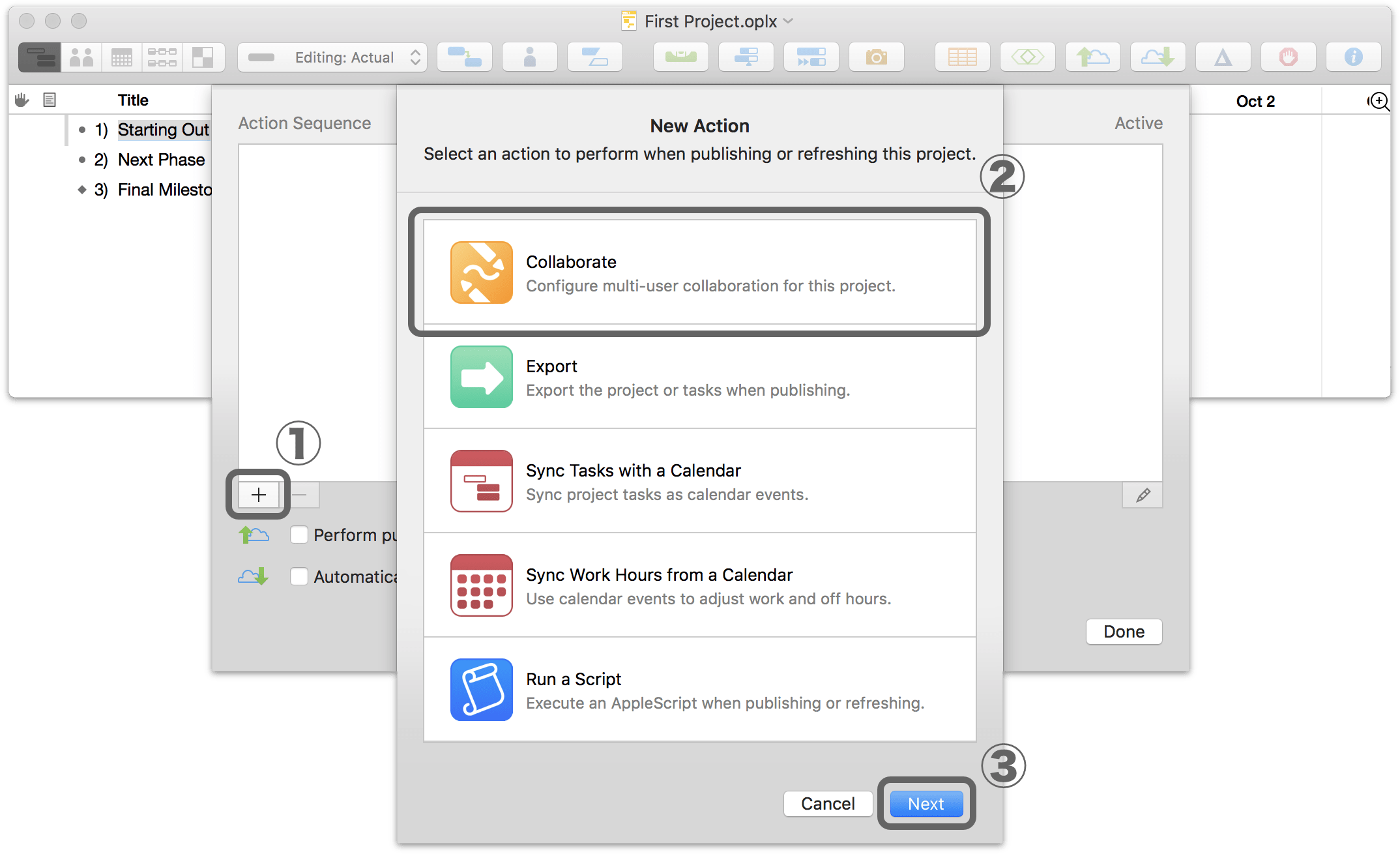 Setting up sharing options for a project in OmniPlan 3.10 for Mac, Step 2.
