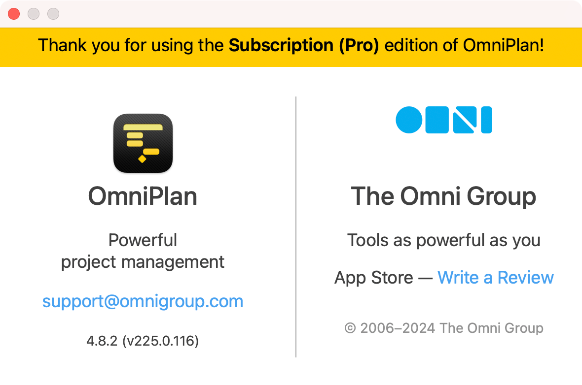 The About OmniPlan 4 window, displaying a version and revision number