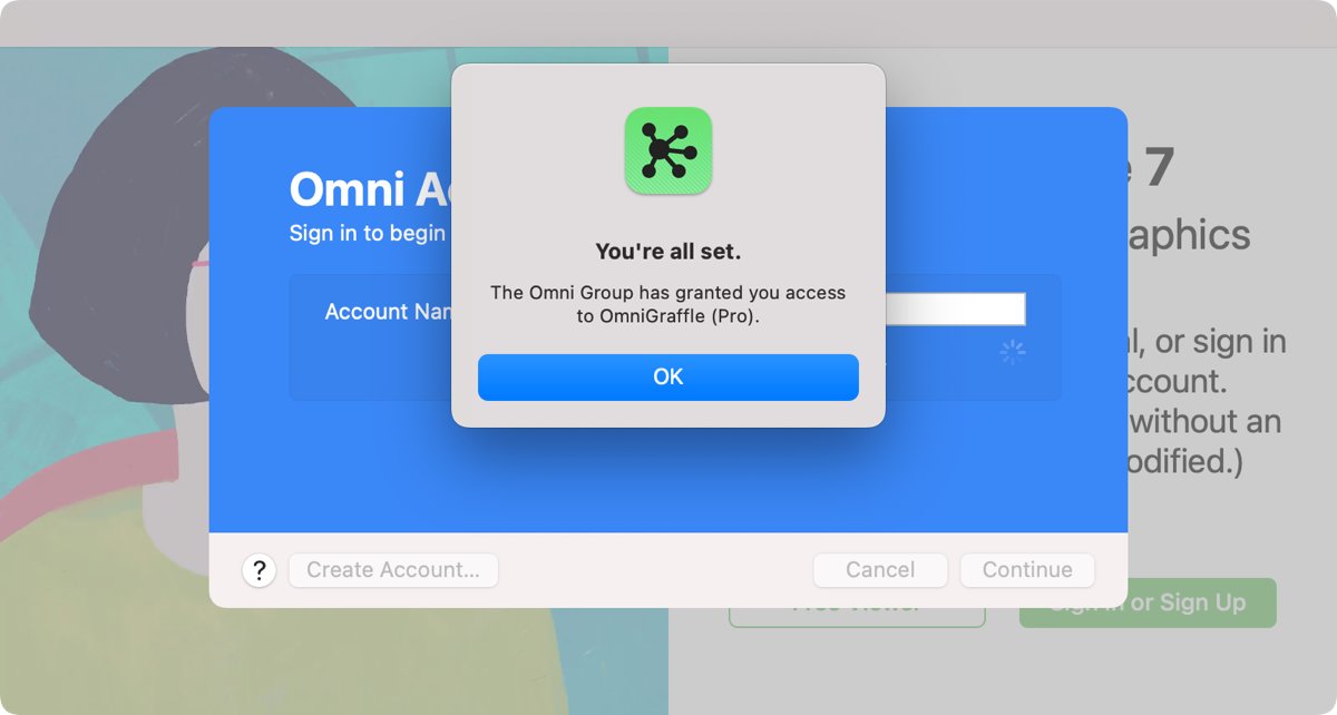 "You're all Set!" prompt in OmniGraffle for Mac