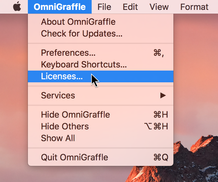 The OmniGraffle application menu with the Licenses option selected