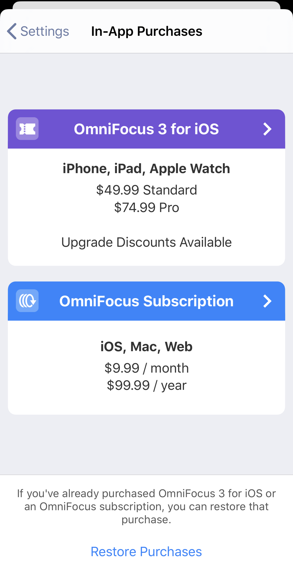 OmniFocus 3 In-App Purchases Window