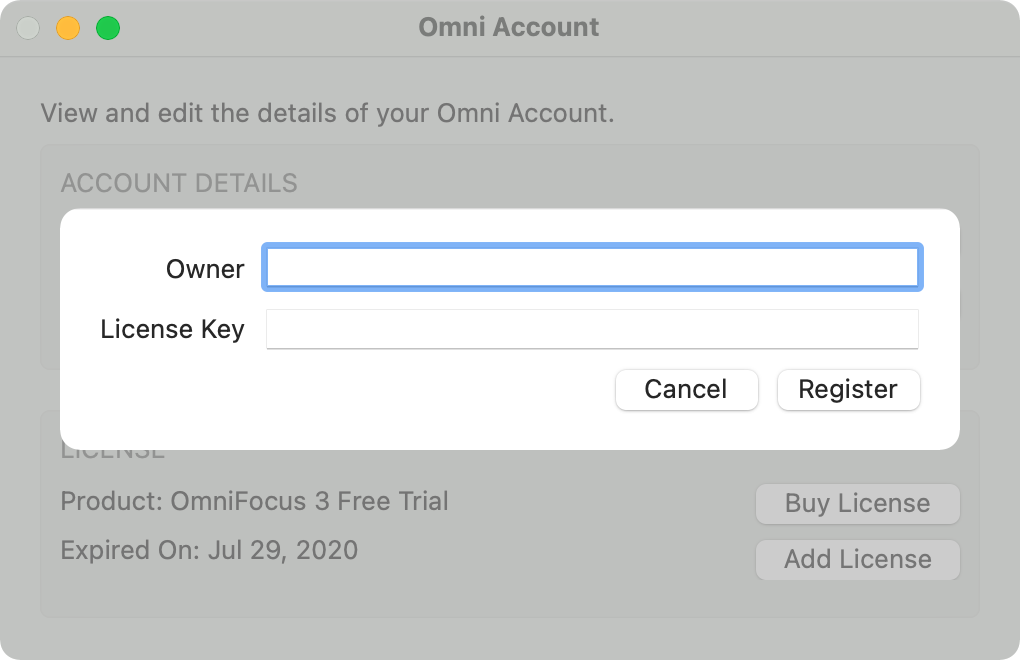 OmniFocus 3 Omni Account Window