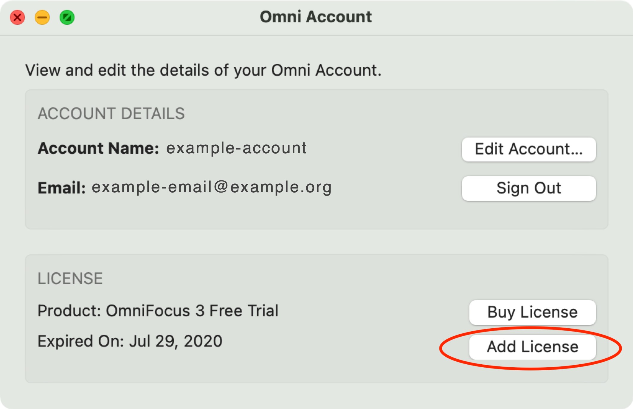 OmniFocus 3 Omni Account Window