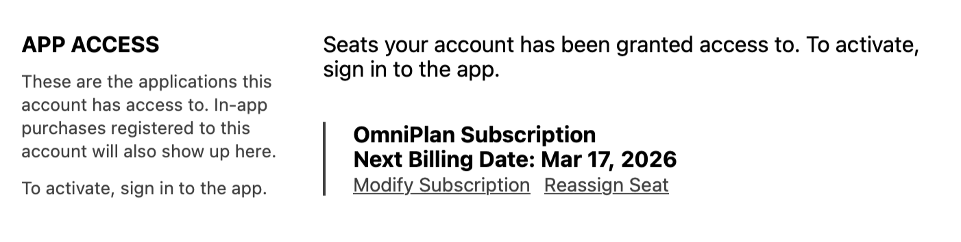 The Subscription section of the Omni Accounts management page, with subscription overview and cancel options, and link to the Omni Store