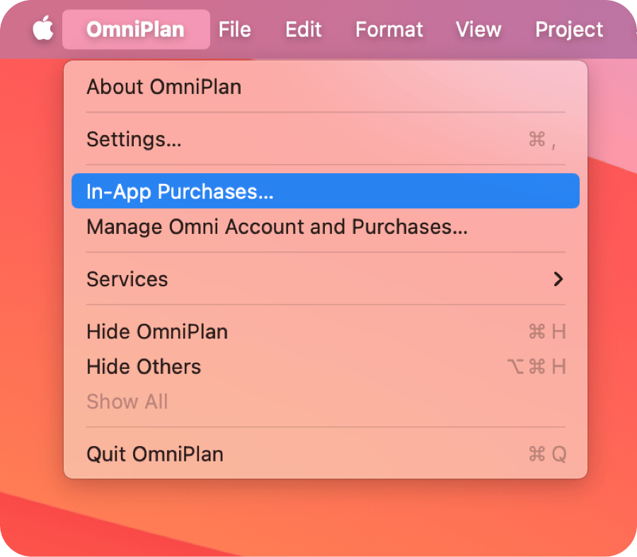 In-App Purchases item in the OmniPlan 4 app menu