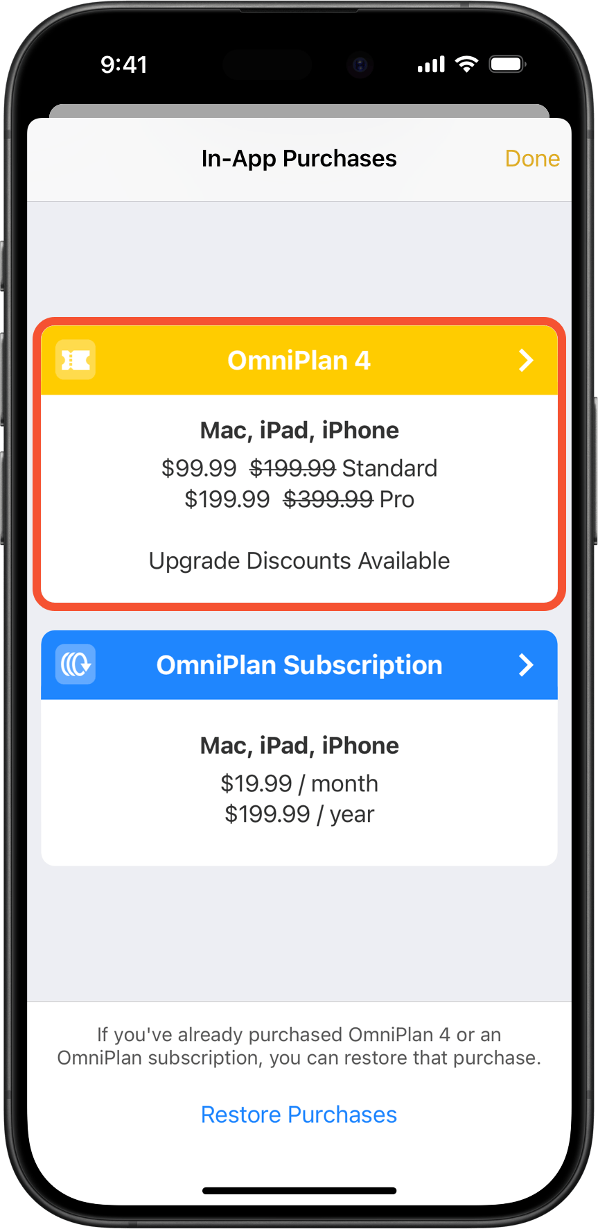 Example In-App Purchases screen