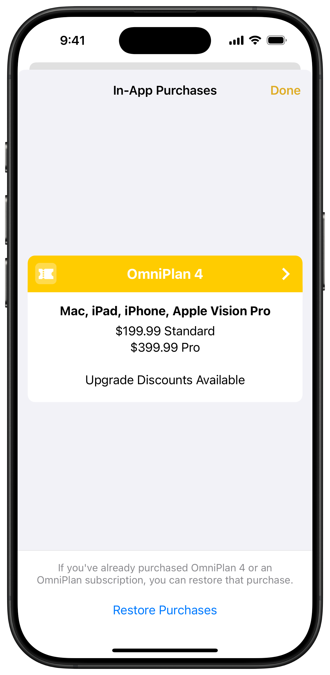 In-App Purchases screen in OmniPlan 4 for iPhone