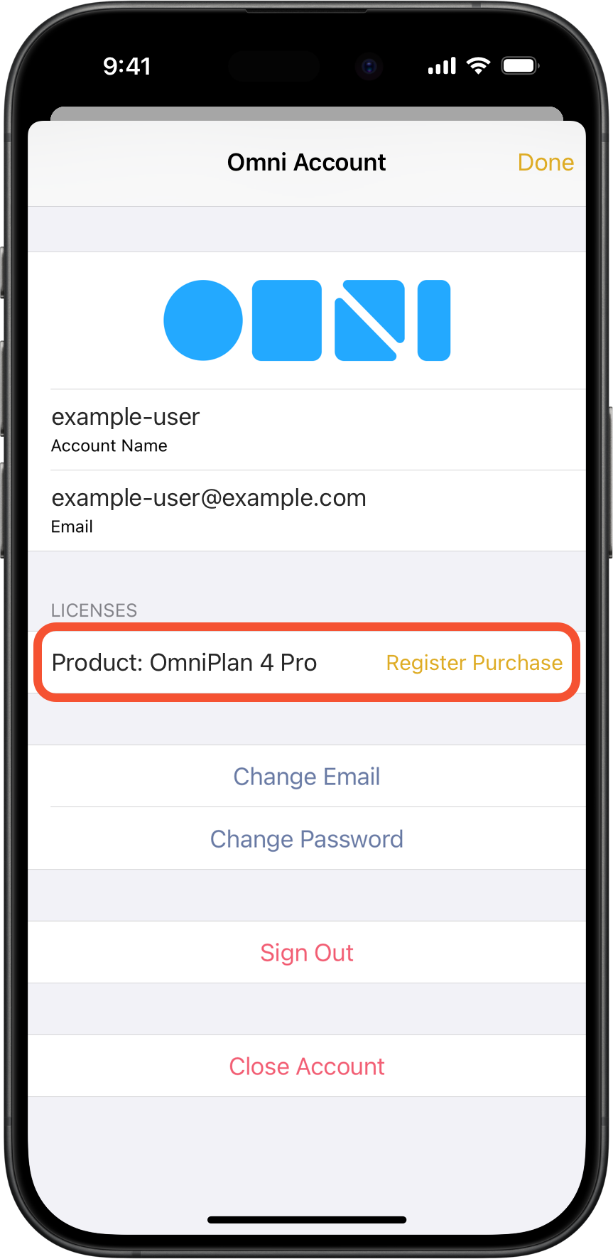 Omni Account details screen showing an unregistered purchase