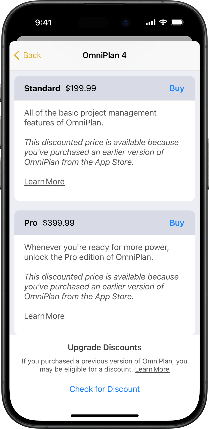 Perpetual license options screen in OmniPlan 4 for iPhone