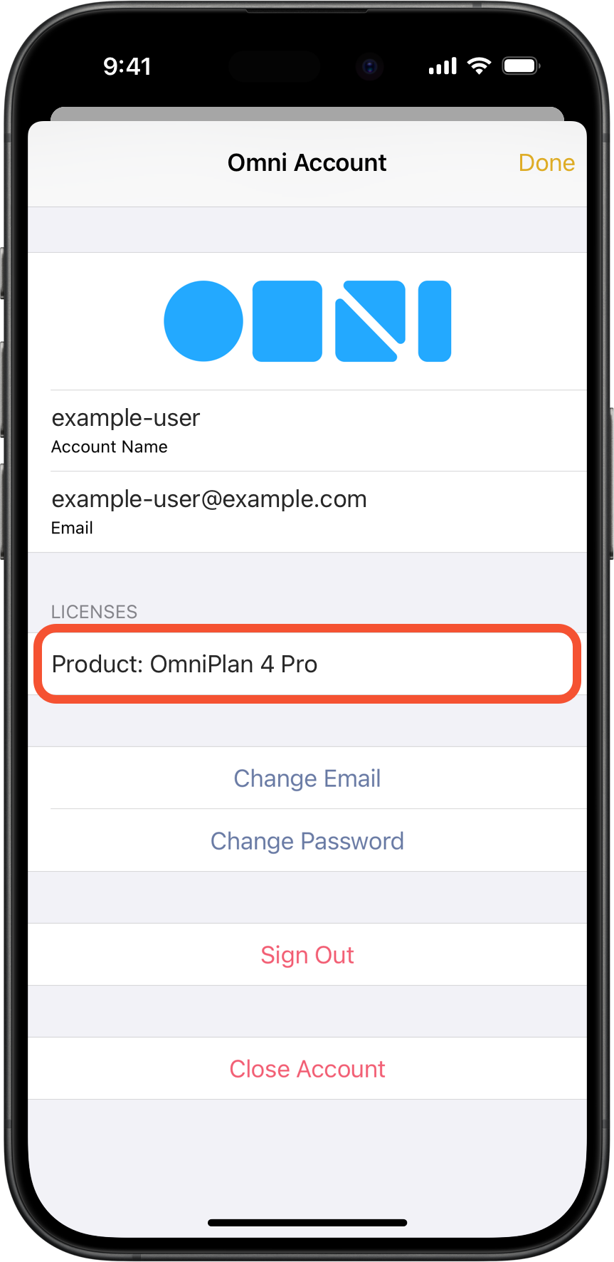 Omni Account screen showing an unregistered previous in-app purchase
