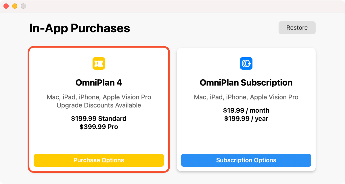 OmniPlan 4 In-App Purchases Window