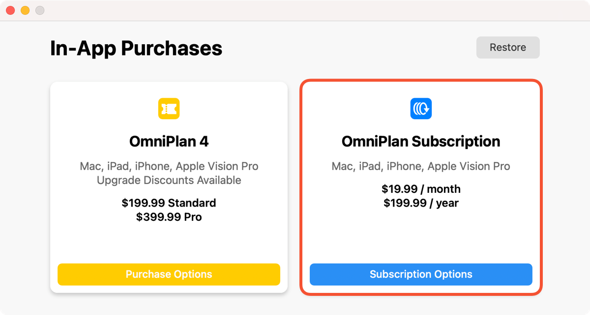 OmniPlan 4 In-App Purchases window