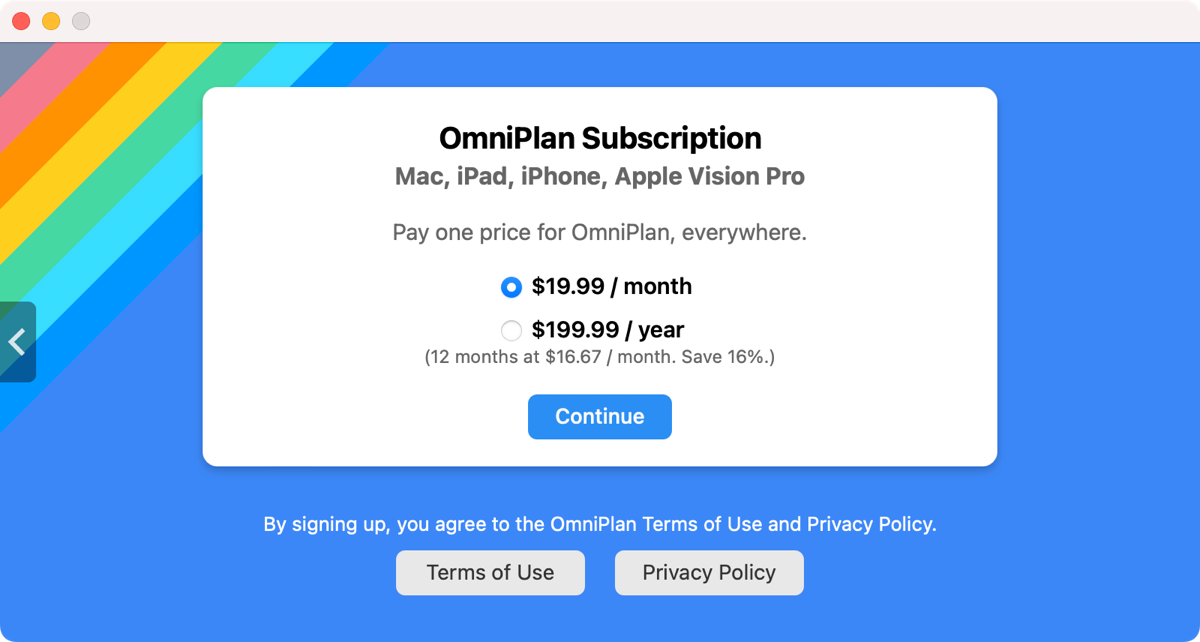 Subscription options in the OmniPlan 4 In-App Purchases window