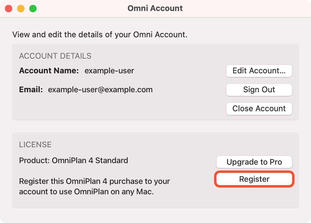 Unregistered in-app purchase showing in the Omni Accounts window