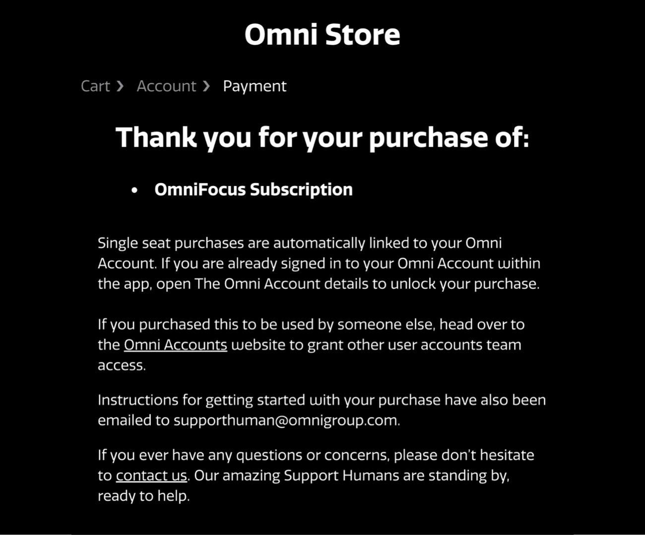 A thank you message confirming a subscription purchase from the Omni Store.