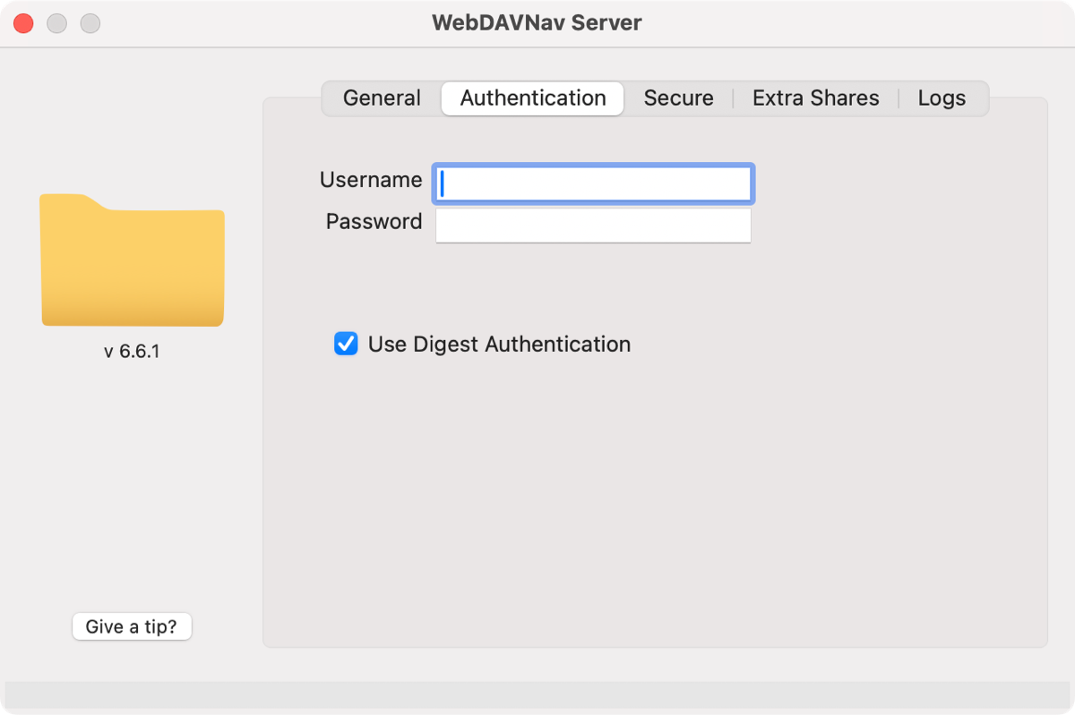 The Authentication tab showing the fields to set a username and password in WebDAVNav Server