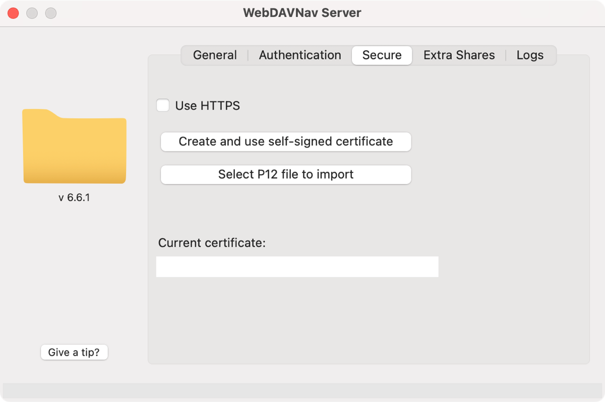 The Secure tab showing the Use HTTPS checkbox in WebDAVNav Server