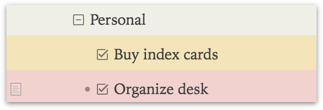 rows in OmniOutliner Essentials with status checkboxes visible