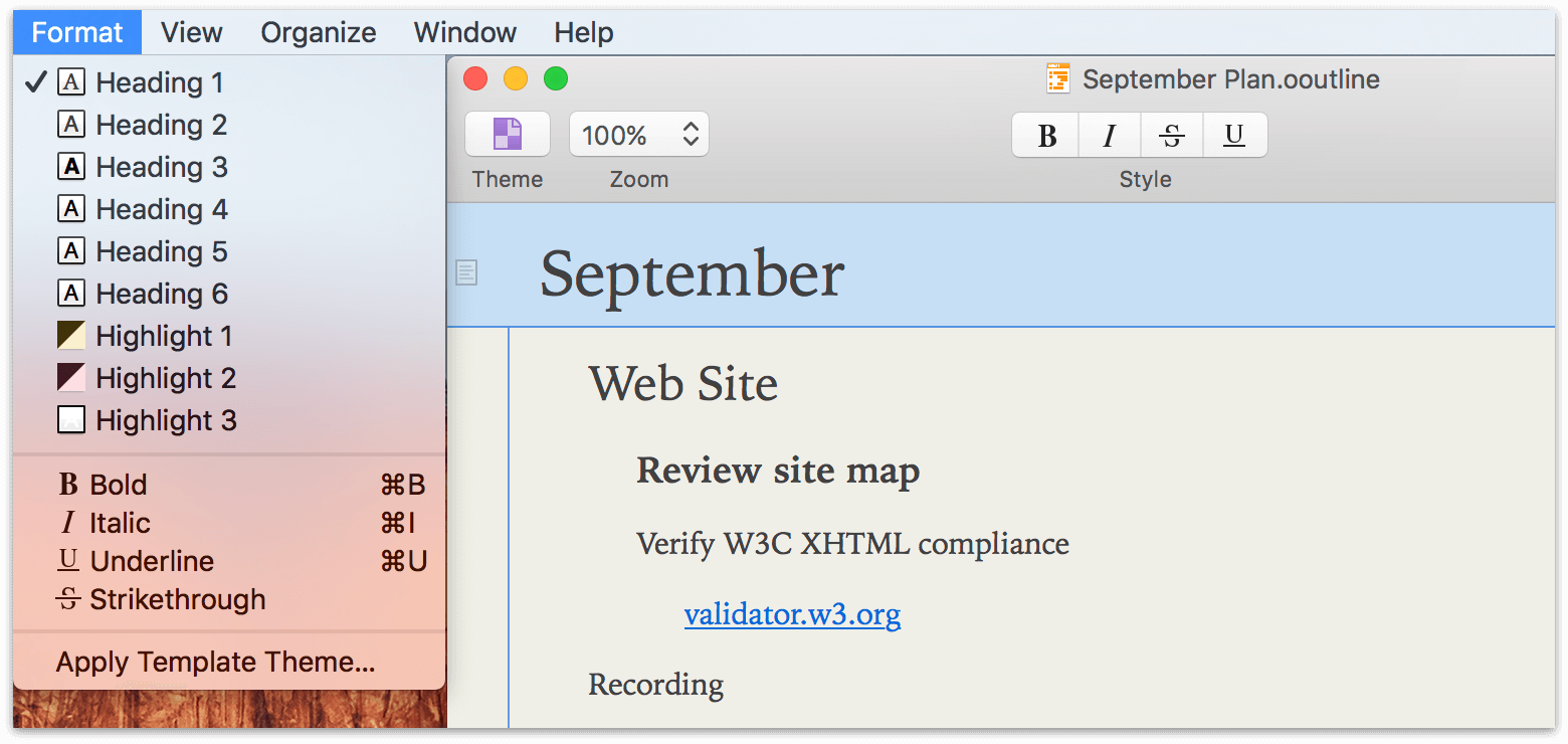 the Format menu in OmniOutliner Essentials, with the Heading 1 style applied to a row