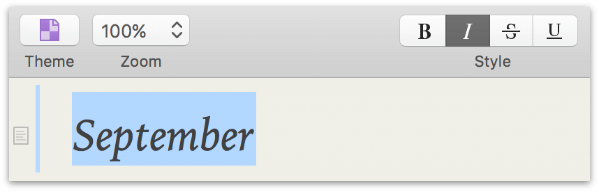 italicizing a text selection with the text style Toolbar button