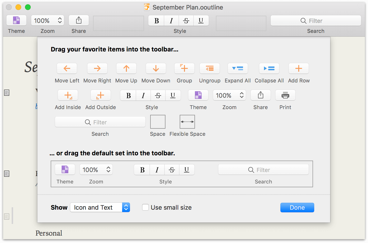 customizing the Toolbar in OmniOutliner essentials