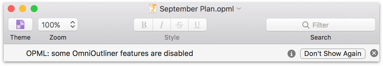 a note that some OmniOutliner features are not supported when editing .opml files 