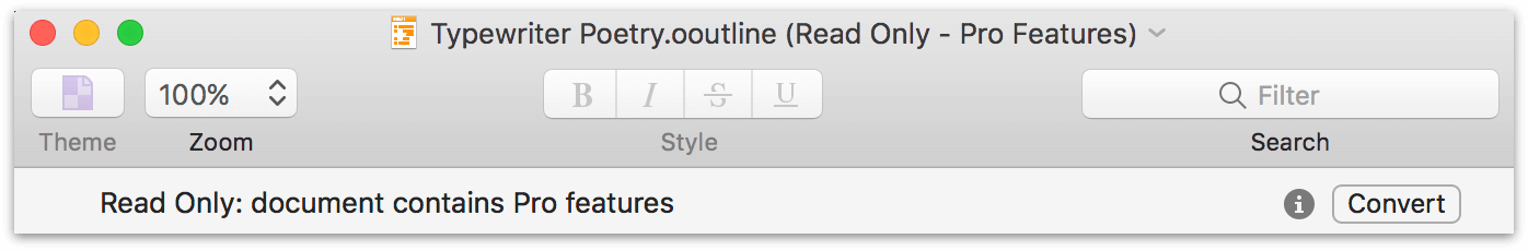 an OmniOutliner Pro document open in OmniOutliner Essentials