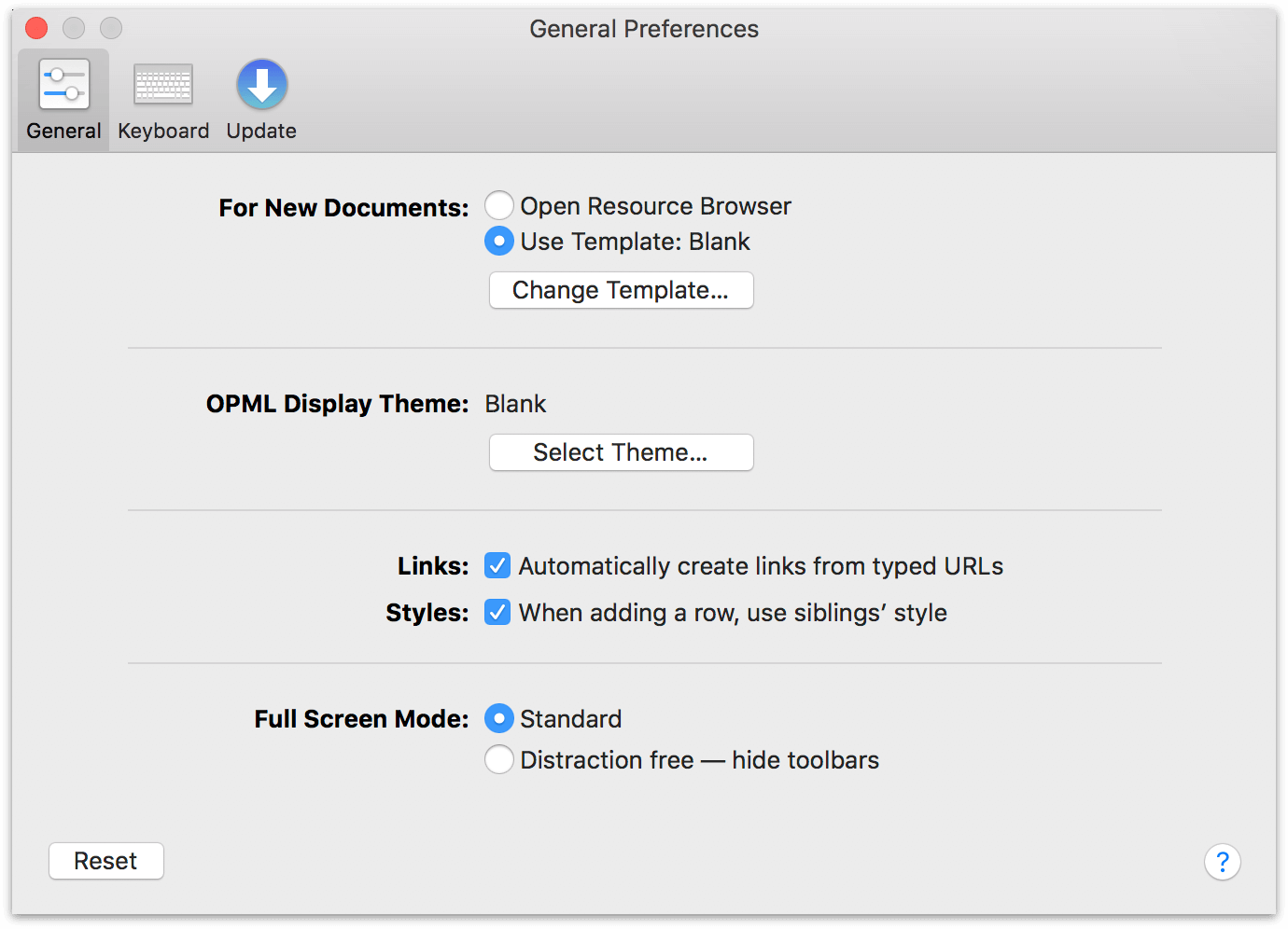 the General Preferences pane in OmniOutliner Essentials