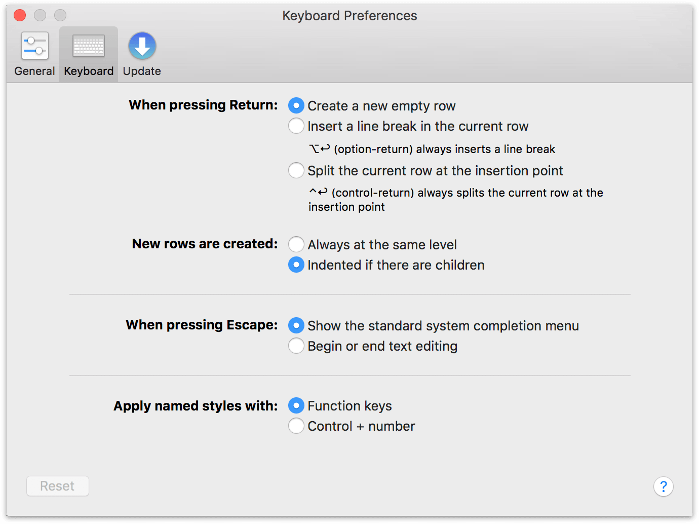 the Keyboard Preferences pane in OmniOutliner Essentials