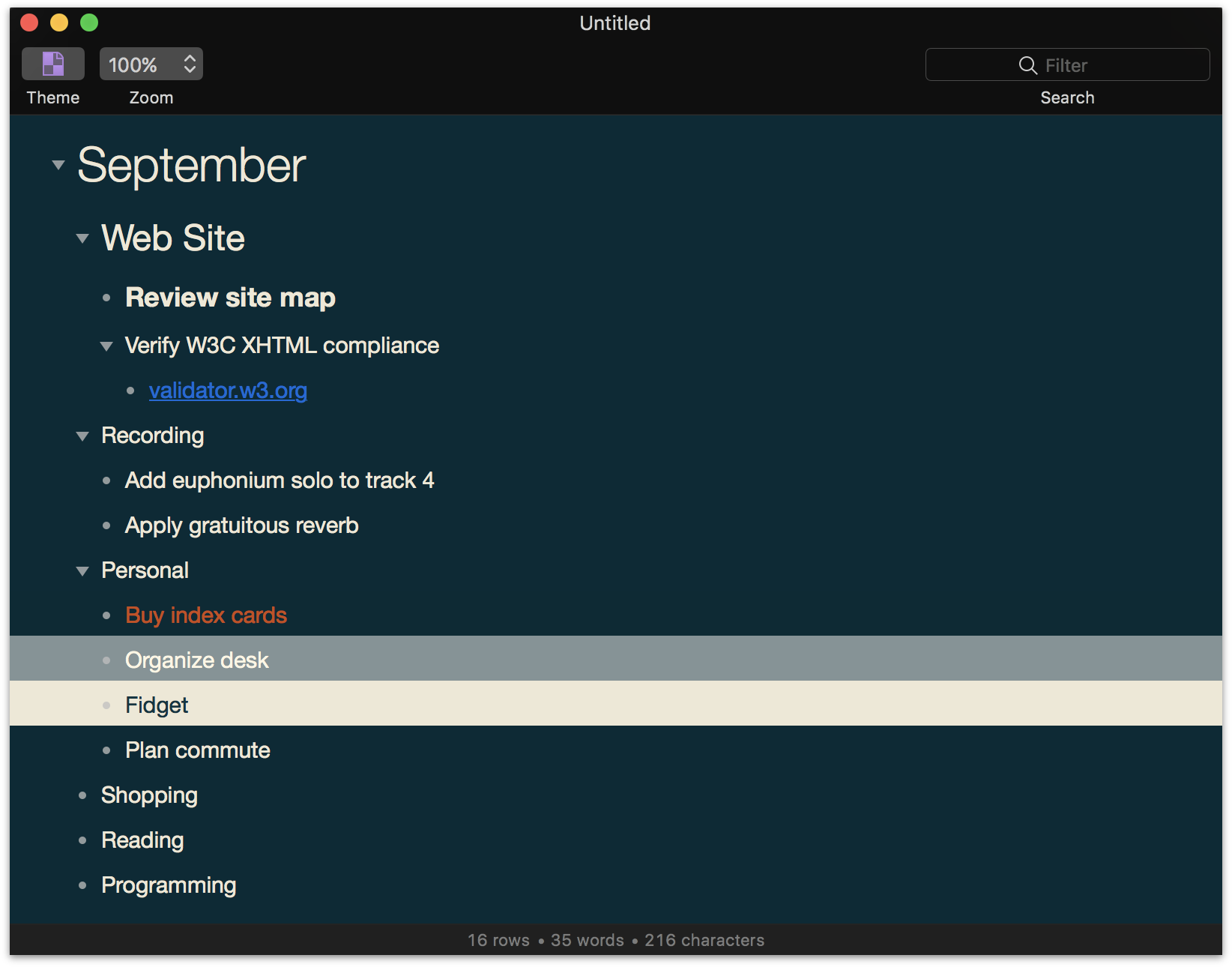 a window with dark mode chrome in OmniOutliner 5 Essentials
