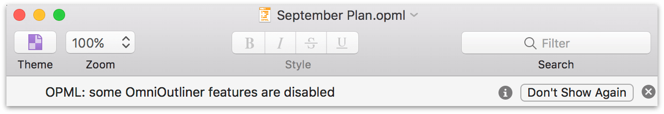a note that some OmniOutliner features are not supported when editing .opml files