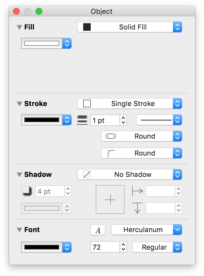 A new Workspace that contains the Fill, Stroke, Shadow, and Font inspectors