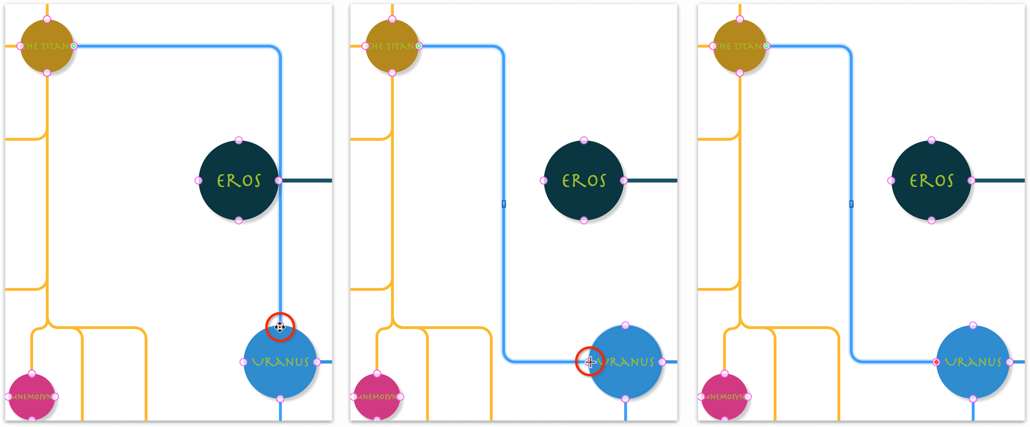 Click and grab a lines diamond, and drag it from one magnet in that object to another