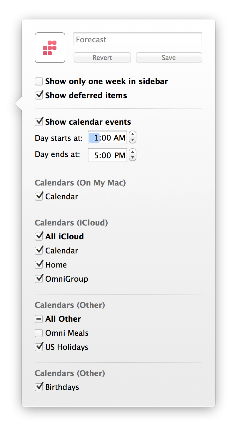 Use View options to select which of your Calendars will also appear in OmniFocus