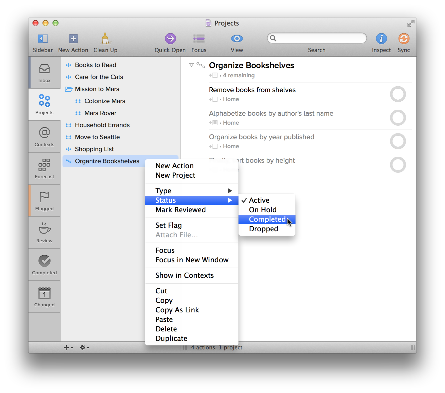 Control- or right-click on a project, and then choose Status &#x25b8; Completed from the contextual menu