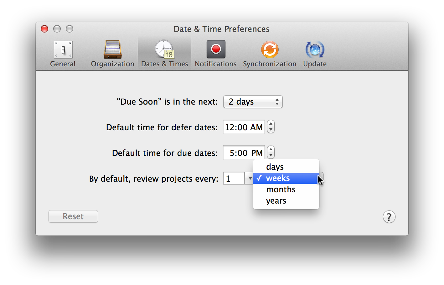 Use the Dates &#38; Times preference to adjust how frequently you plan to review your projects