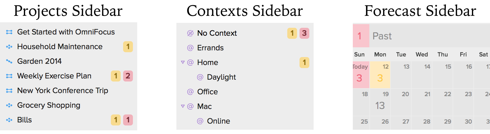 Three of the various sidebars from the built-in OmniFocus 2 perspectives.
