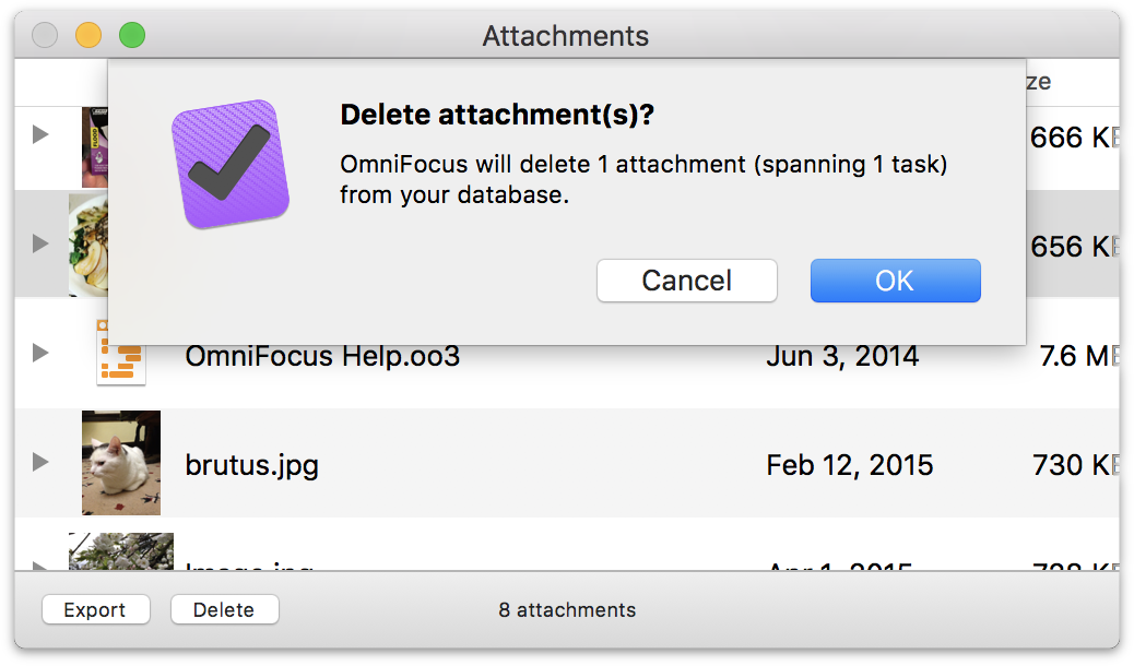 The Attachment List shows all of the files attached to your OmniFocus database
