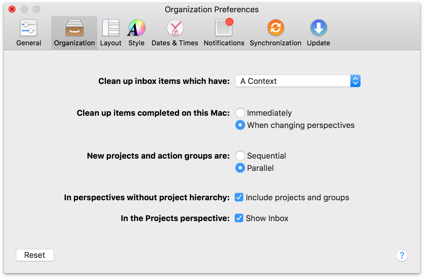 OmniFocus 2 for Mac Organization Preferences.