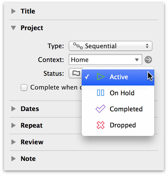 Use the Projects inspector to set the Status of a project