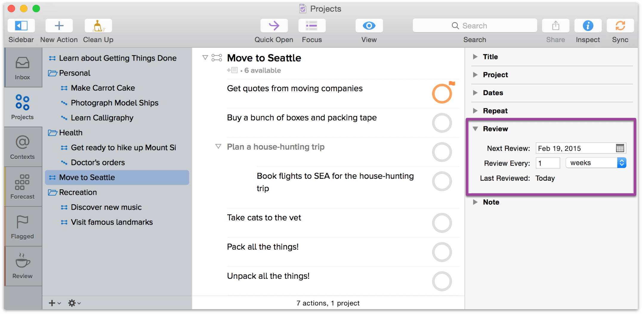 You can also use the Review inspector to adjust how frequently you plan to review your projects