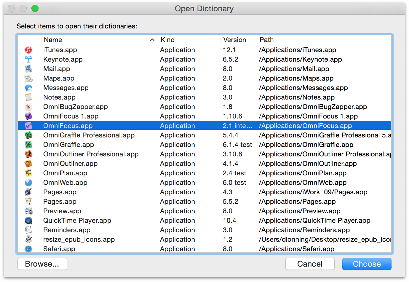 Locate OmniFocus.app in the Open Dictionary window and then click Choose